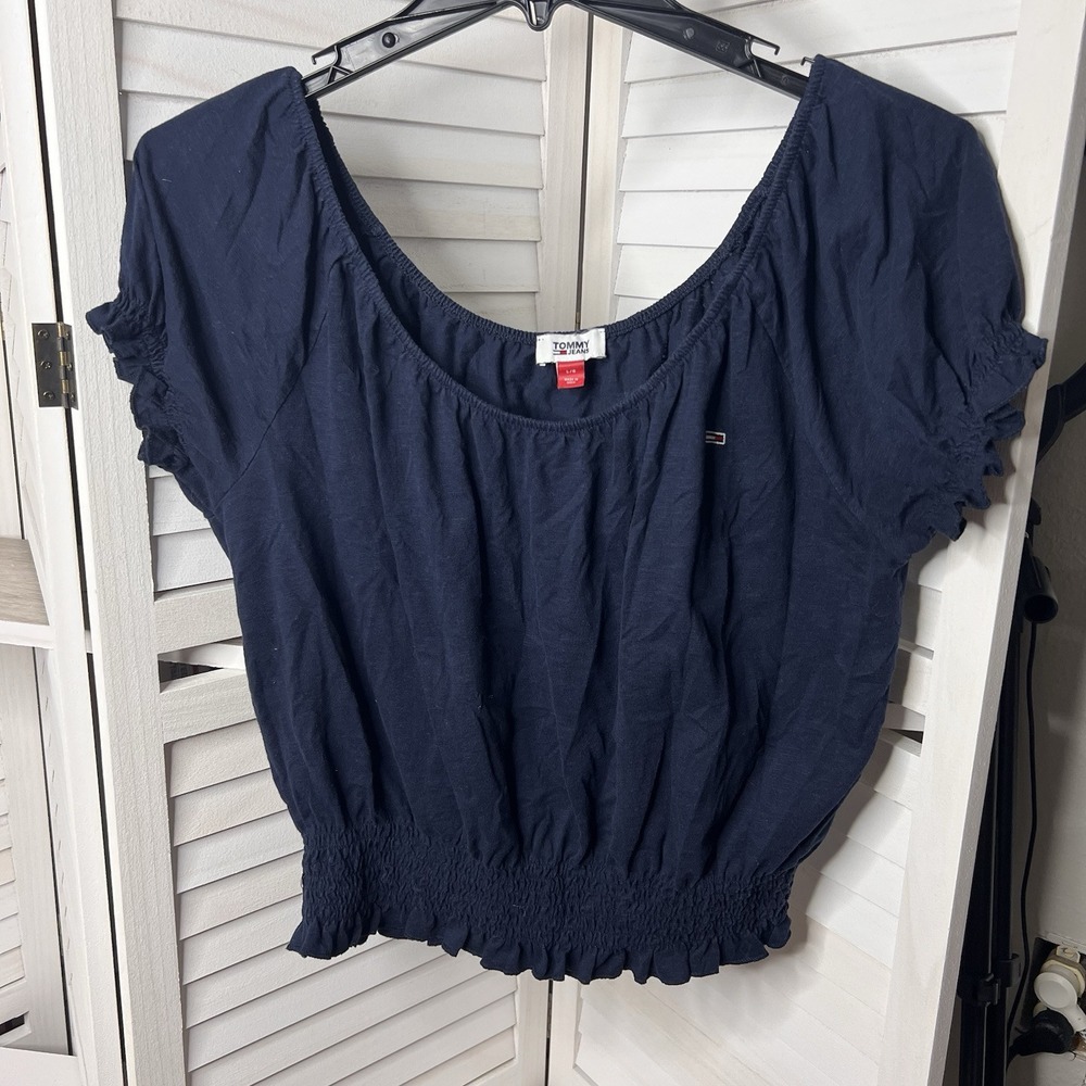 Tommy Jeans Women's Navy On Or Off-Shoulder Short Sleeve Cropped Blouse Size Lg‎
